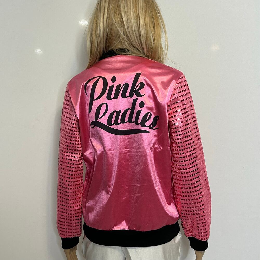 Pink Ladies Grease Satin Bomber Jacket Women’s Small Sequin Sleeves Costume